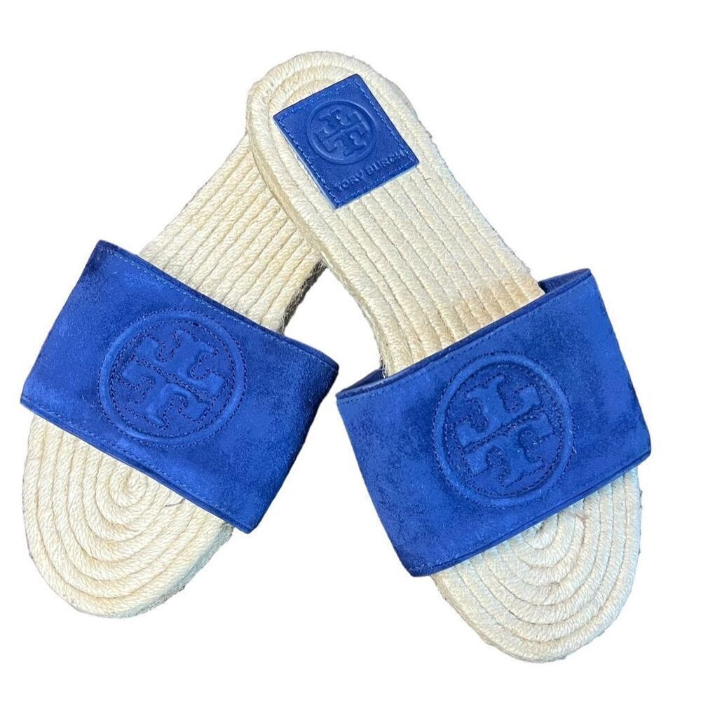Tory Burch Benton Open Toe Espadrille Slide in Midnight Blue  Suede NWOB Size 5
